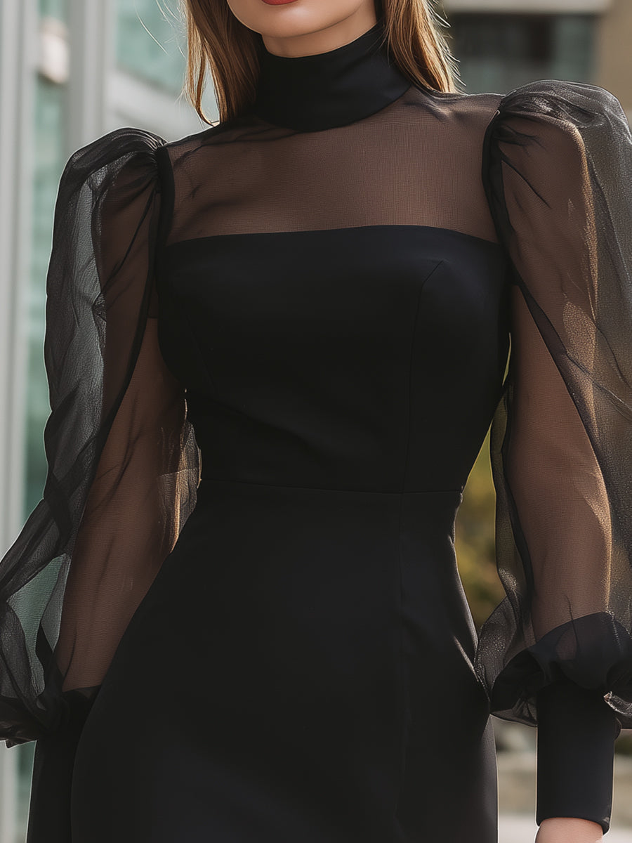 Olivia Bennet | Black Structured Puff-Sleeve Sheer Mini Dress