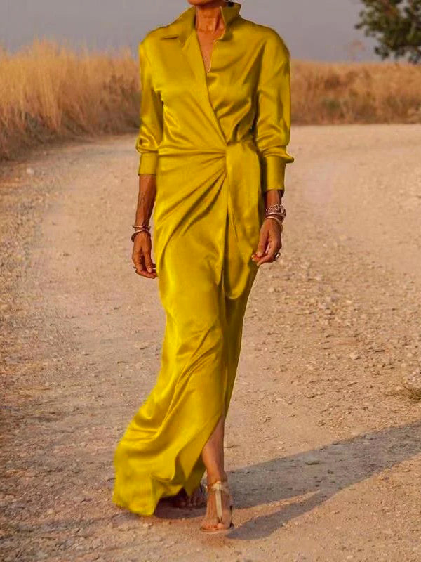 Olivia Bennet | Long Sleeves Loose Solid Color Lapel Collar Maxi Shirt Dresses