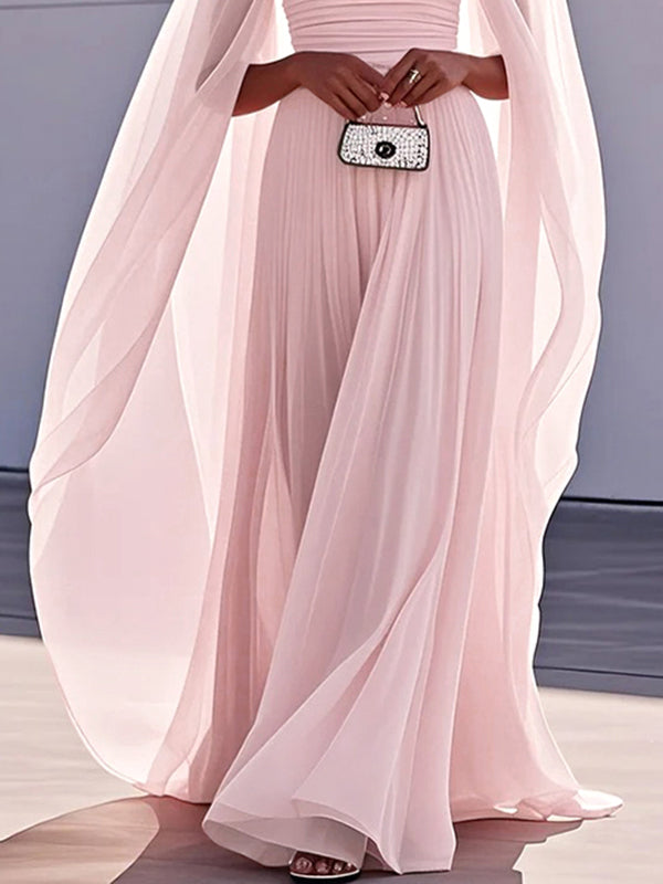 Olivia Bennet | Cape Gauze Pleated Split-Joint Square-Neck Evening Dresses Maxi Dresses