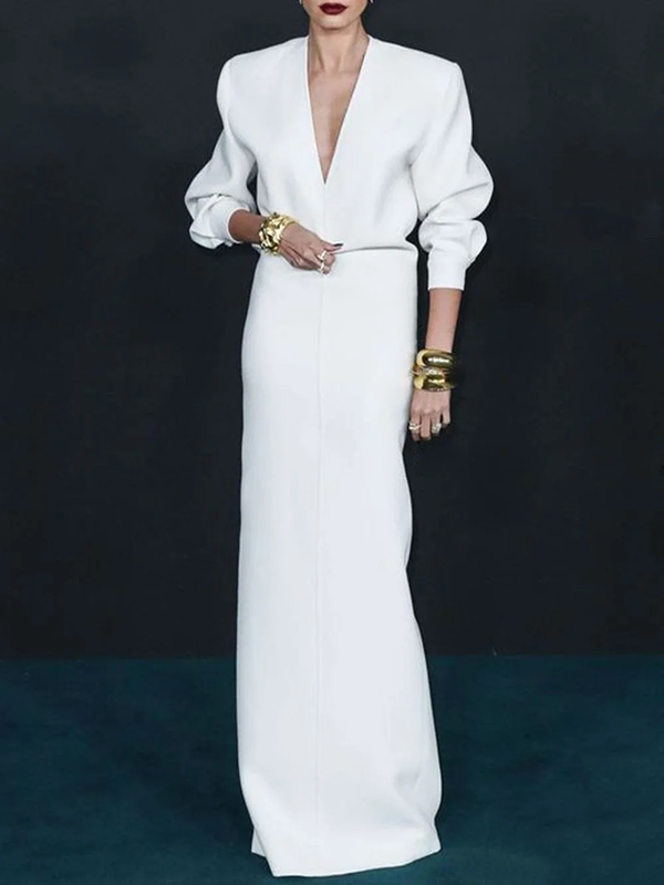 Olivia Bennet | Long Sleeves Loose Solid Color Deep V-Neck Maxi Dresses
