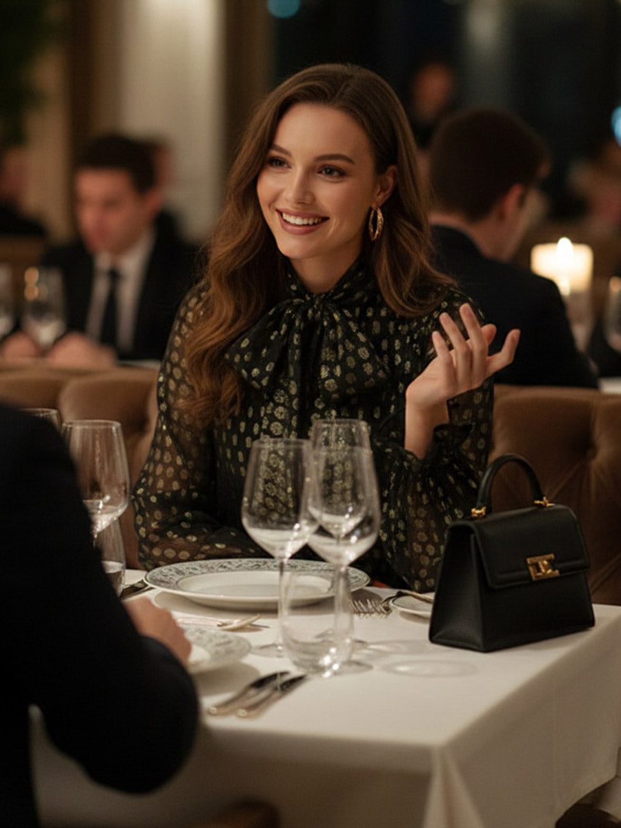 Olivia Bennet | Long Sleeves Puff Sleeves Pleated Polka Dot Shiny Split-Joint High Neck Mini Dresses
