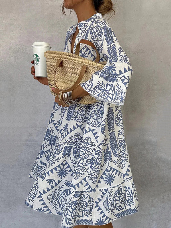 Olivia Bennet | Loose Three-Quarter Sleeves Falbala Printed V-Neck Midi Dresses