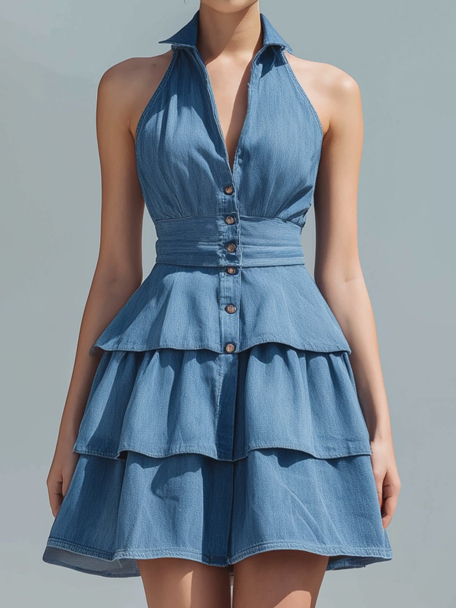 Olivia Bennet | Indigo Halter Neck Tiered Ruffle Denim Mini Dress