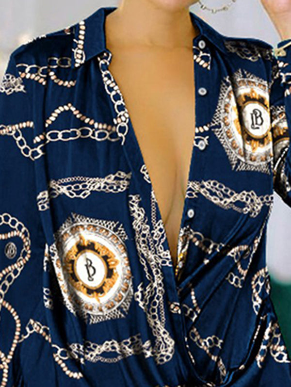 Olivia Bennet | Long Sleeves Loose Figure Printed Lapel Mini Dresses Shirt Dress