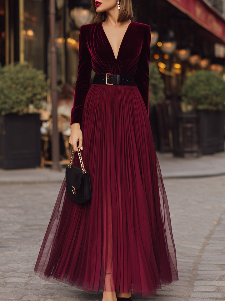 Olivia Bennet | Deep-V Neckline Pleated Mesh Overlay Velvet Maxi Dress