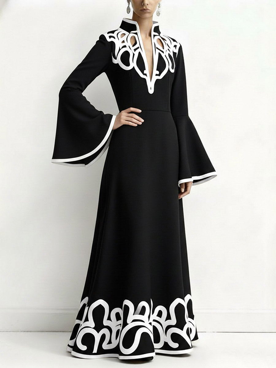 Olivia Bennet | A-Line Flared Sleeves Abstract Printed Contrast Color Hollow Line Split-Joint Stand Collar Maxi Dresses