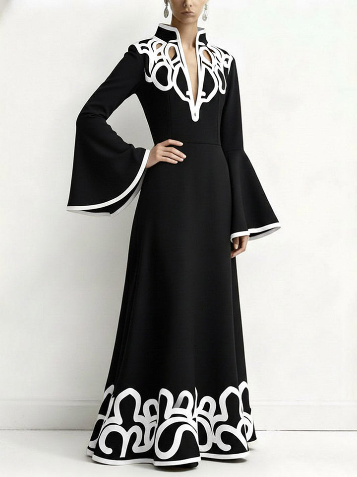 Olivia Bennet | A-Line Flared Sleeves Abstract Printed Contrast Color Hollow Line Split-Joint Stand Collar Maxi Dresses
