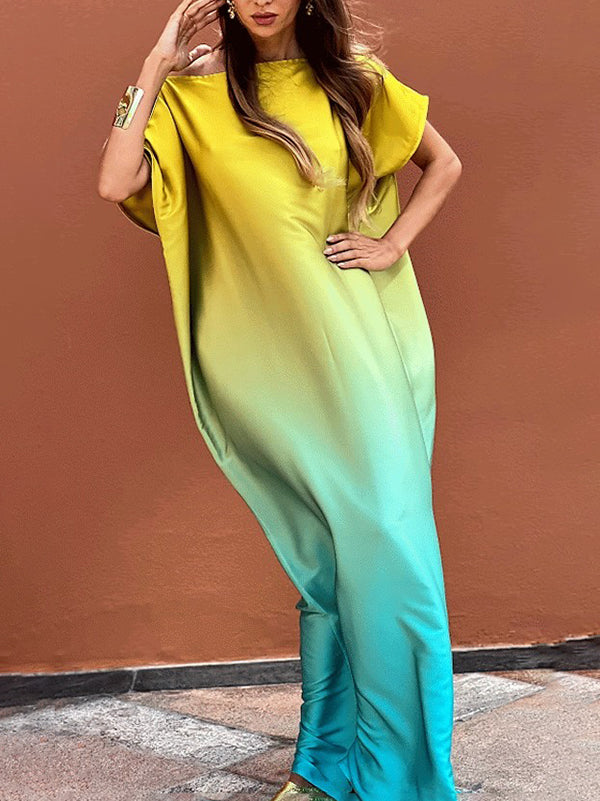 Olivia Bennet | Loose Short Sleeves Gradient One-Shoulder Maxi Dresses