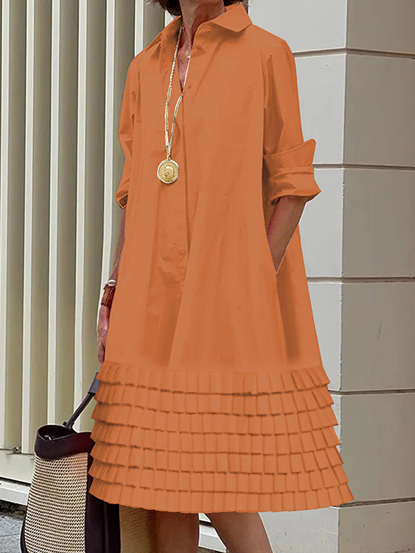 Olivia Bennet | A-Line Long Sleeves Layered Pleated Pockets Solid Color Split-Joint Lapel Midi Dresses Shirt Dress
