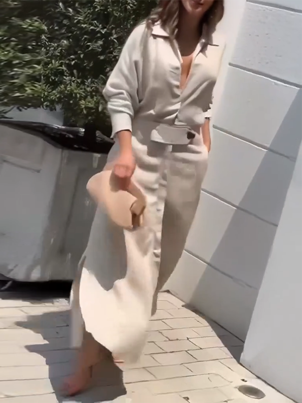 Olivia Bennet | Long Sleeves Loose Split-Joint Split-Side V-Neck Maxi Dresses Shirt Dress
