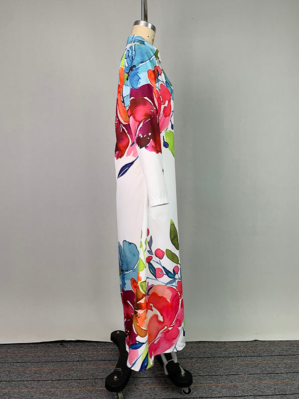 Olivia Bennet | Long Sleeves Loose Buttoned Flower Print Lapel Maxi Dresses Shirt Dress