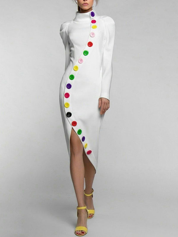 Olivia Bennet | Long Sleeves Buttoned Contrast Color High Neck Midi Dresses