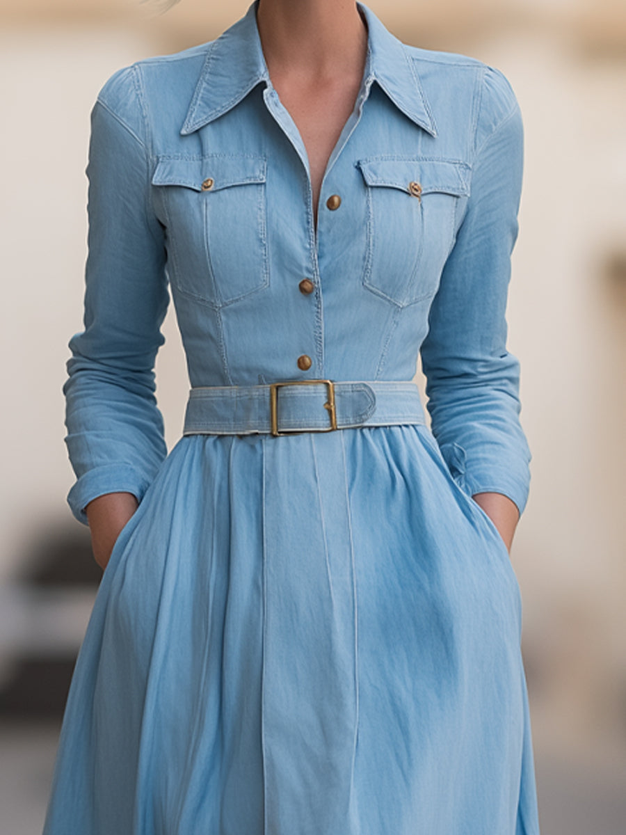 Olivia Bennet | Indigo Belted A-Line Denim Dress