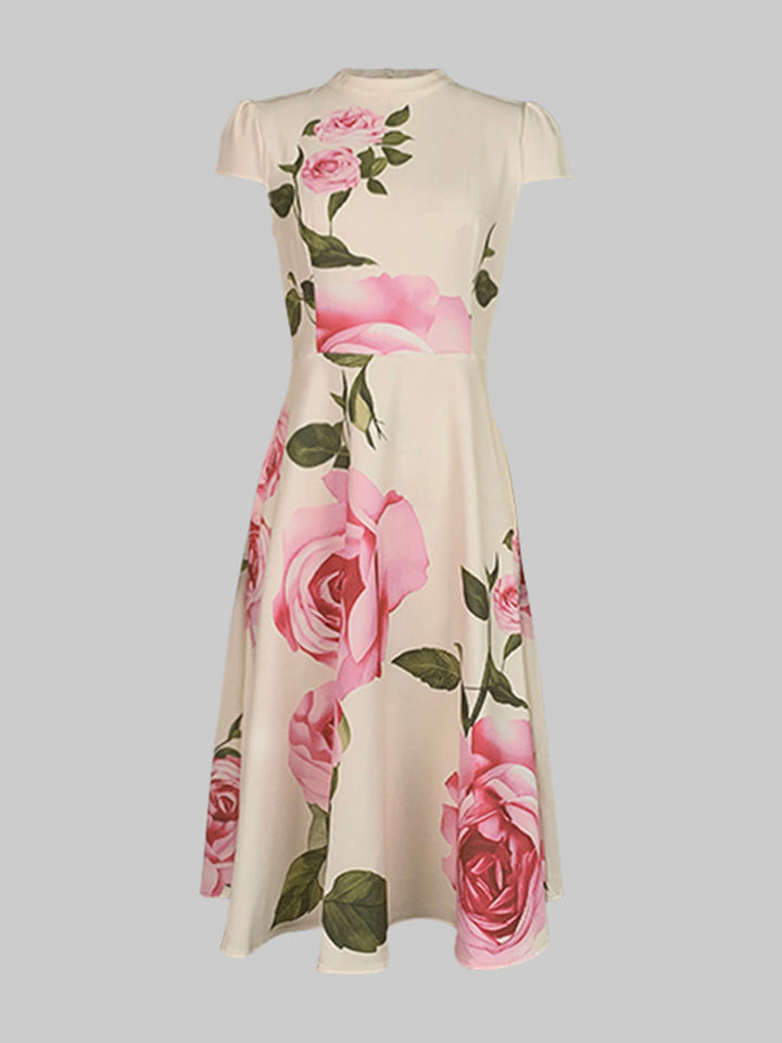 Olivia Bennet | Short Sleeves Skinny Flower Print Stand Collar Midi Dresses