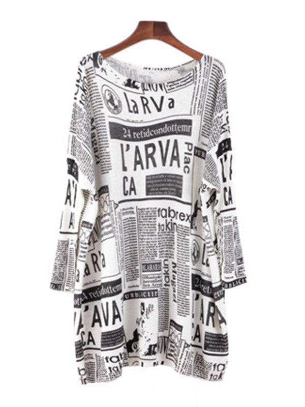 Olivia Bennet | Vintage Loose One-Shoulder Newspaper Printed Split-Joint Sweater