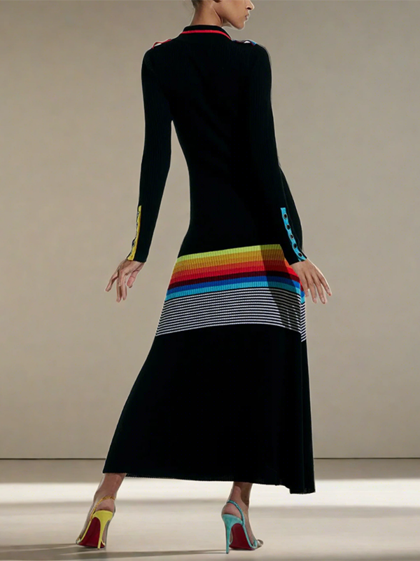 Olivia Bennet | Long Sleeves Skinny Buttoned Contrast Color Striped Lapel Maxi Dresses Shirt Dress
