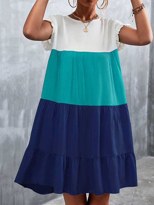 Olivia Bennet | Loose Ruffle Sleeves Contrast Color Falbala Pleated Split-Joint Round-Neck Mini Dresses