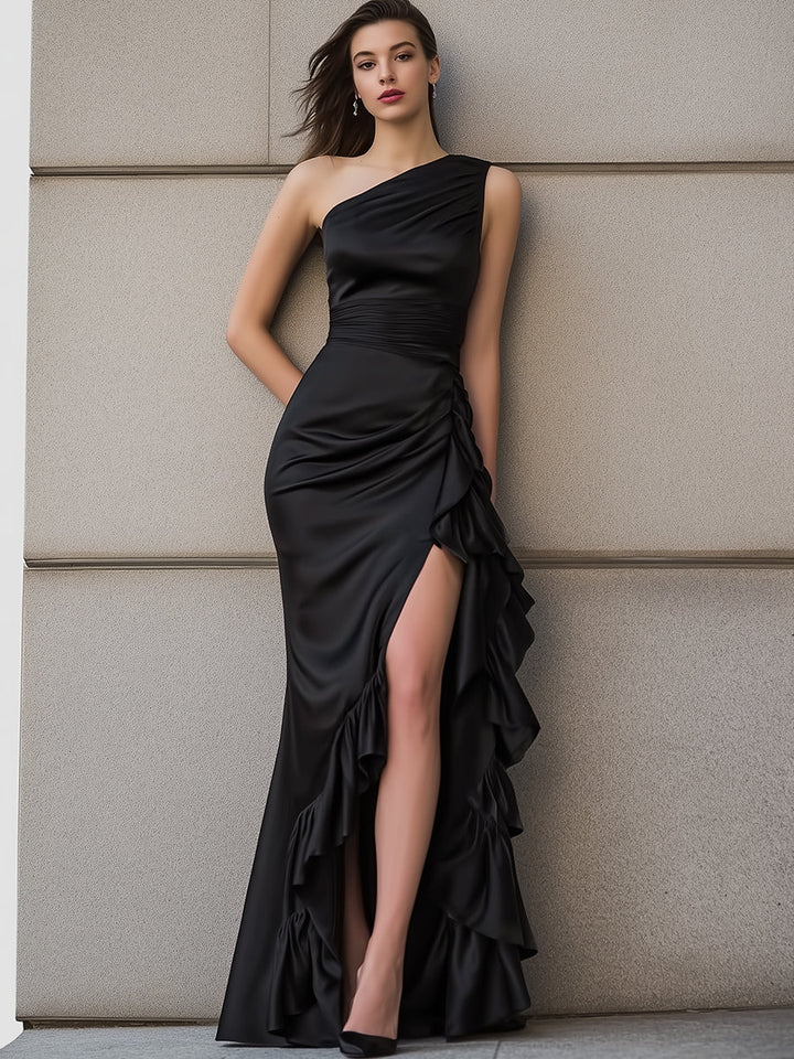 Olivia Bennet | One-Shoulder Layered Cascading Ruffle Satin Gown