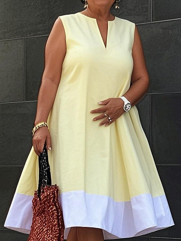 Olivia Bennet | A-Line Loose Contrast Color Pockets V-Neck Midi Dresses