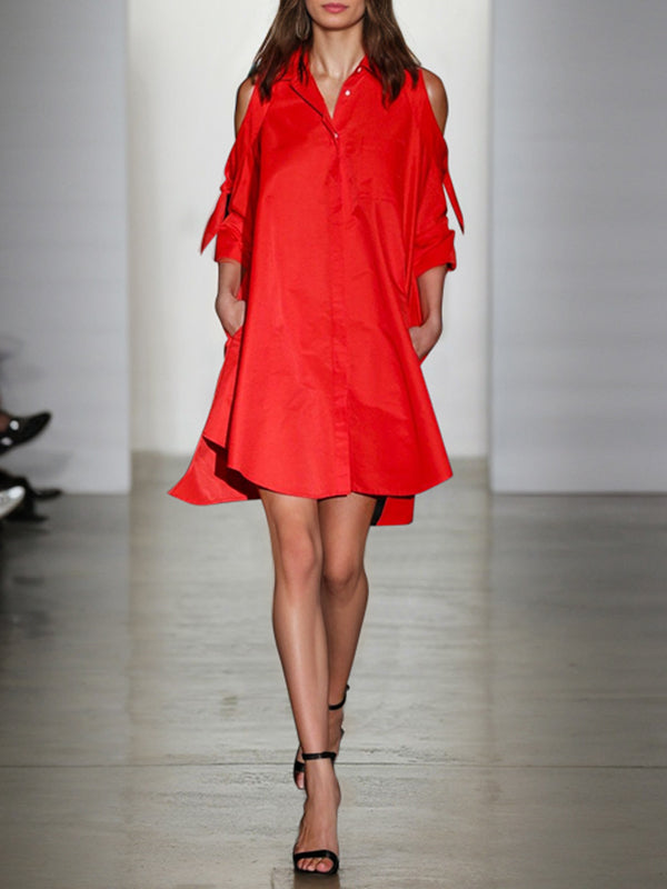 Olivia Bennet | Loose Solid Color Split-Joint Cold Shoulder Mini Dresses Shirt Dress