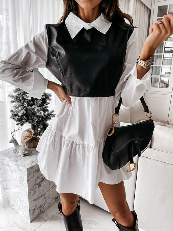 Olivia Bennet | Long Sleeves Loose Contrast Color Pleated Split-Joint Lapel Mini Dresses