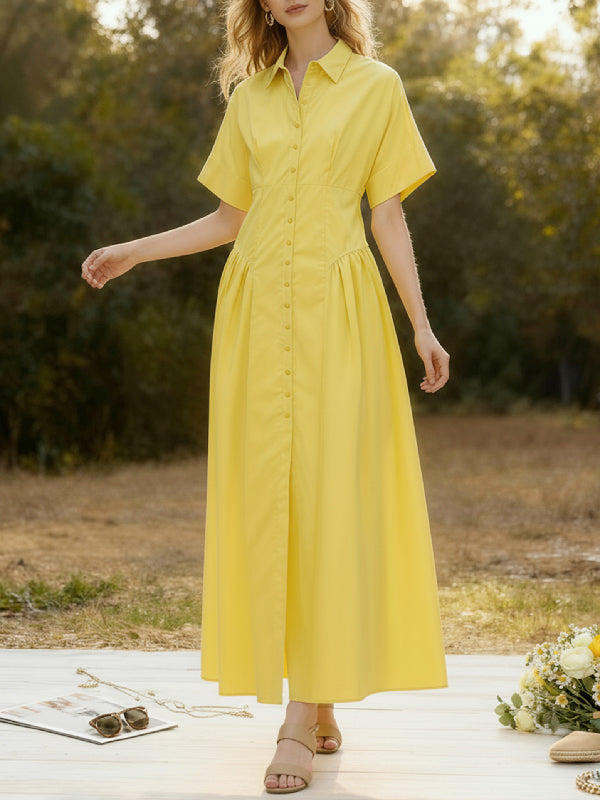 Olivia Bennet | Loose Short Sleeves Buttoned Pleated Solid Color Lapel Collar Midi Dresses Shirt Dress