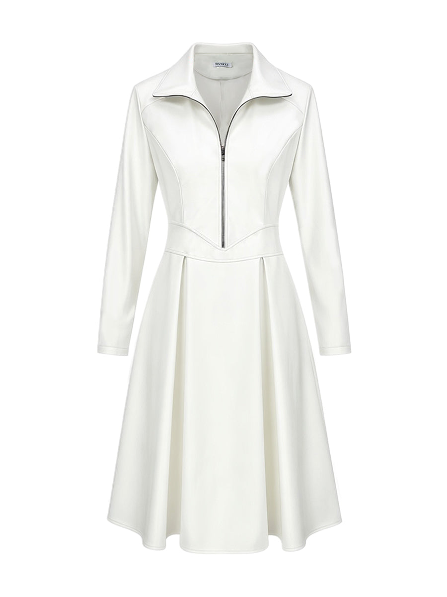 Olivia Bennet | Long Sleeves Skinny Soft Zipper Lapel Midi Dresses