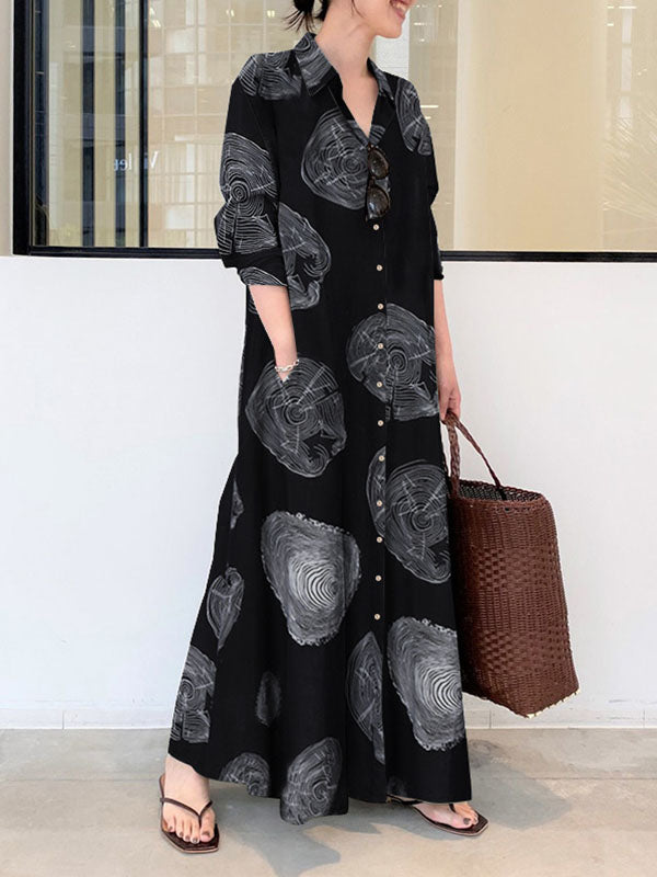 Olivia Bennet | Long Sleeves Loose Printed Split-Joint Lapel Maxi Dresses Shirt Dress