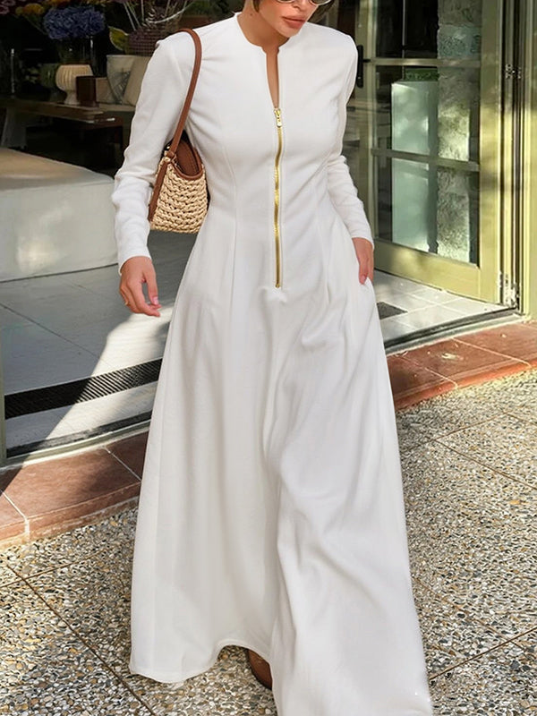Olivia Bennet | Long Sleeves Solid Color Zipper Round-Neck Maxi Dresses