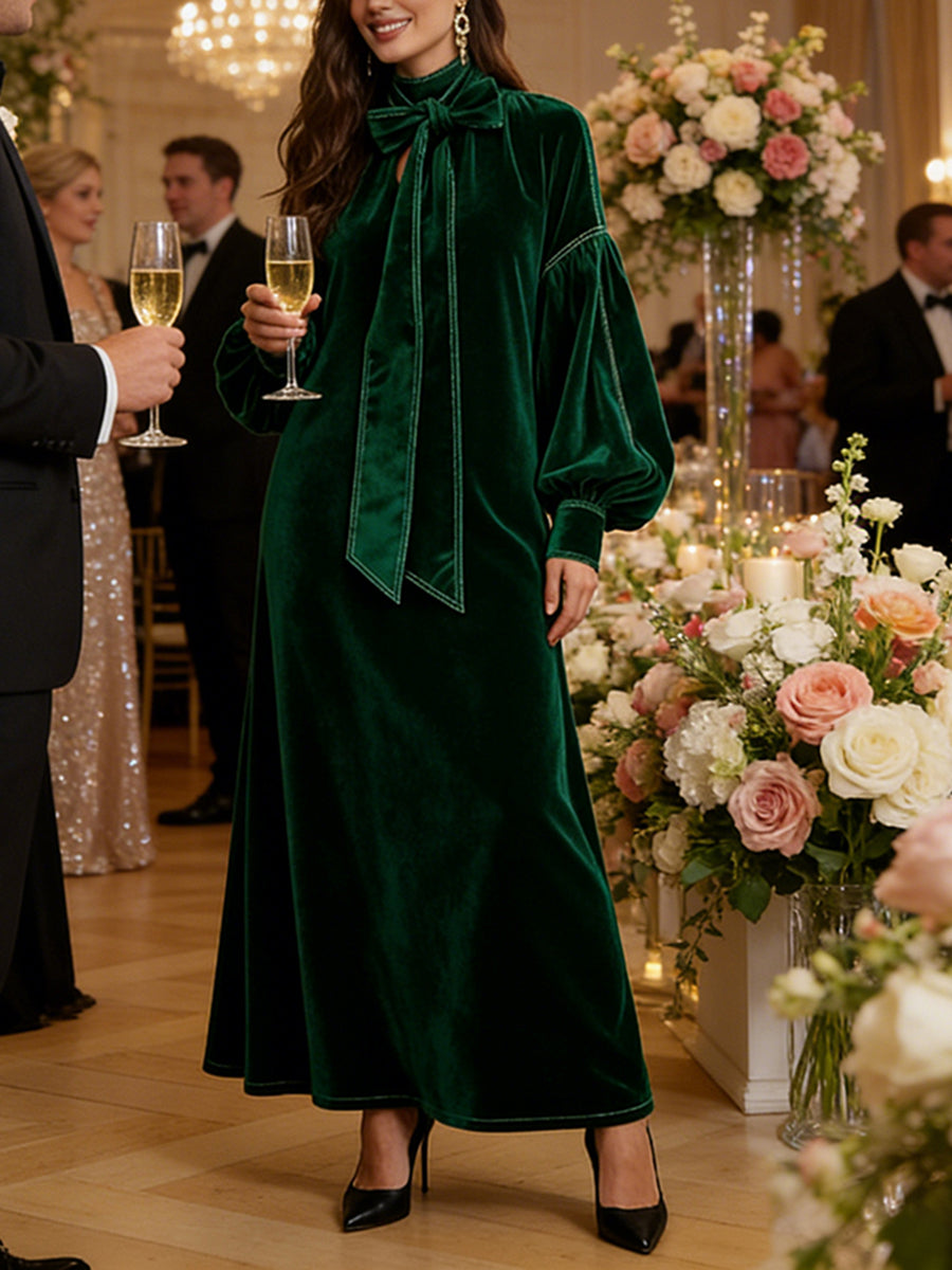 Olivia Bennet | A-Line Long Sleeves Bow-Embellished Pleated Solid Color Split-Joint High Neck Maxi Dresses