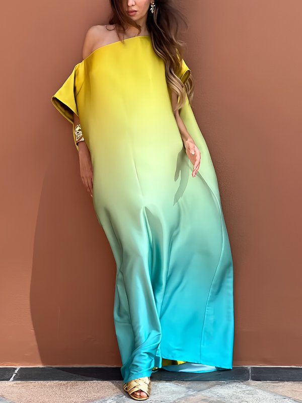Olivia Bennet | Loose Short Sleeves Gradient One-Shoulder Maxi Dresses