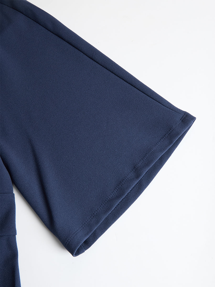 Olivia Bennet | Elegant Navy Blue Batwing Sleeve Midi Sheath Dress