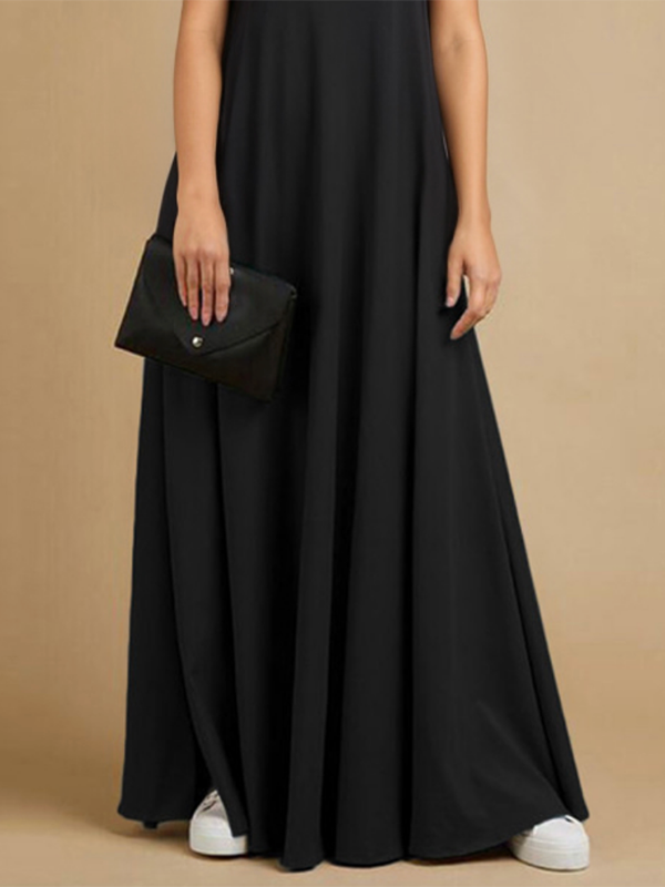 Olivia Bennet | Loose Short Sleeves Solid Color Stand Collar Maxi Dresses