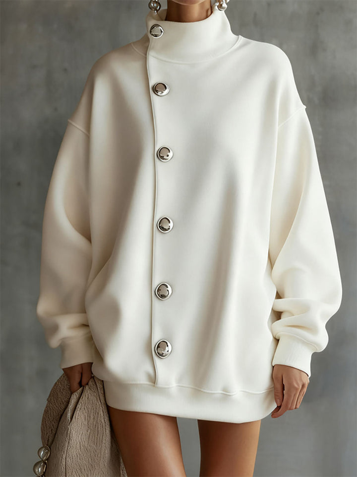 Olivia Bennet | Long Sleeves Loose Buttoned Solid Color Split-Joint High Neck Mini Dresses Sweatershirt