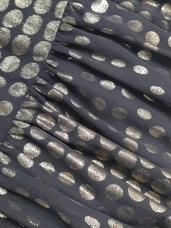 Olivia Bennet | Long Sleeves Puff Sleeves Pleated Polka Dot Shiny Split-Joint High Neck Mini Dresses