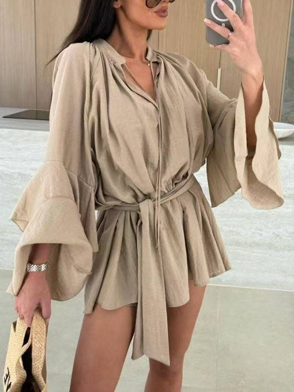Olivia Bennet | Flared Sleeves Loose Lace-Up Pleated Solid Color Split-Joint Tiered Round-Neck Mini Dresses