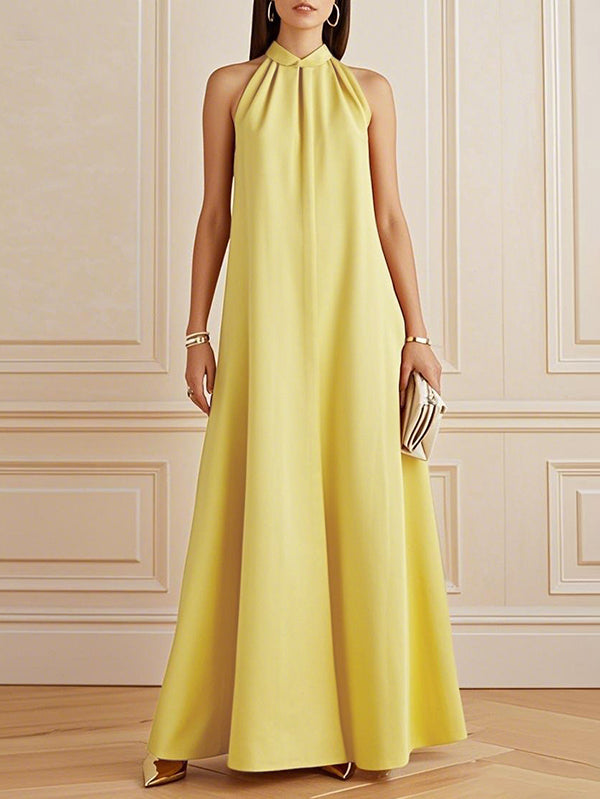 Olivia Bennet | A-Line Loose Pleated Solid Color Mock Neck Maxi Dresses