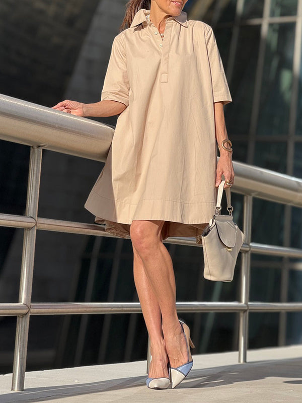 Olivia Bennet | A-Line Short Sleeves Solid Color Split-Joint Lapel Mini Dresses Shirt Dress