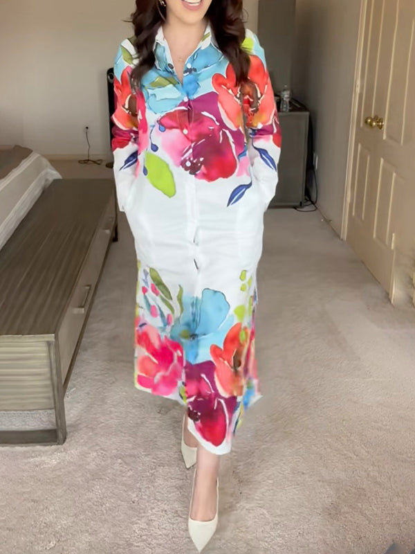 Olivia Bennet | Long Sleeves Loose Buttoned Flower Print Lapel Maxi Dresses Shirt Dress