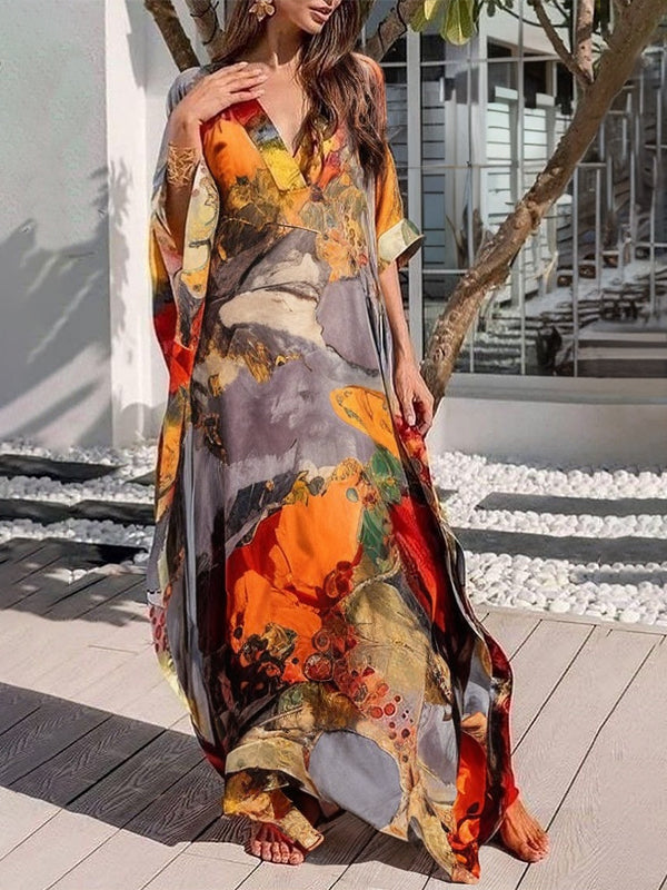 Olivia Bennet | Batwing Sleeves Loose Gauze Printed Split-Joint V-Neck Maxi Dresses