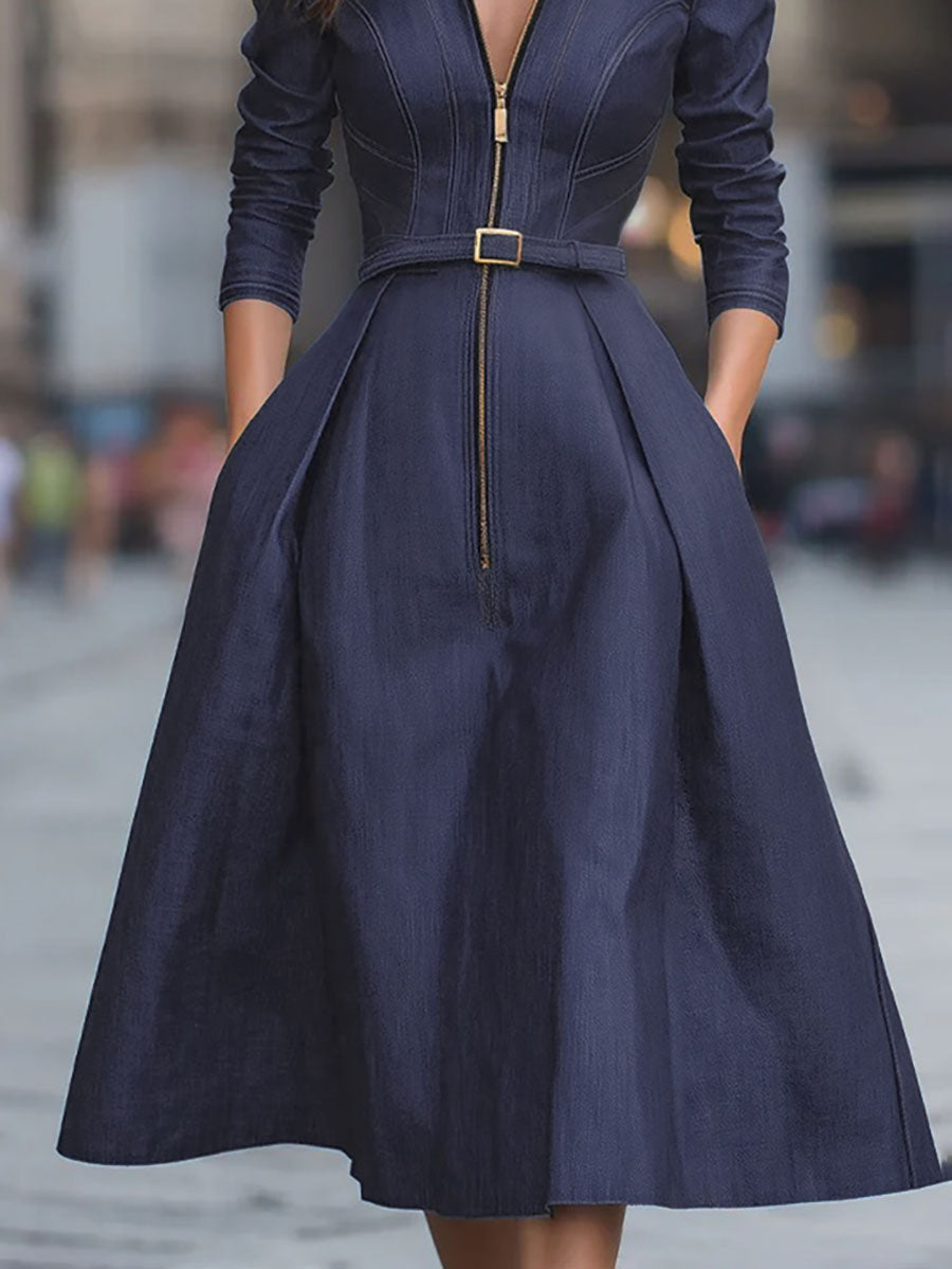 Olivia Bennet | A-Line High Waisted Belted Pleated Pockets Zipper Lapel Midi Dresses
