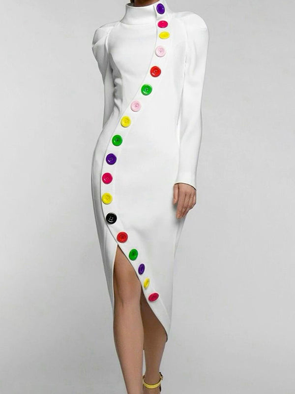 Olivia Bennet | Long Sleeves Buttoned Contrast Color High Neck Midi Dresses