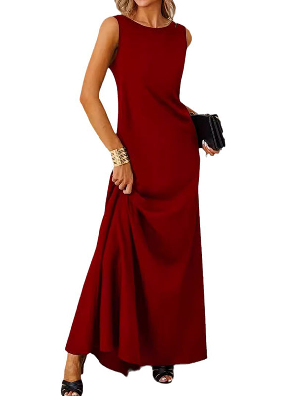 Olivia Bennet | A-Line Loose Solid Color Round-Neck Maxi Dresses