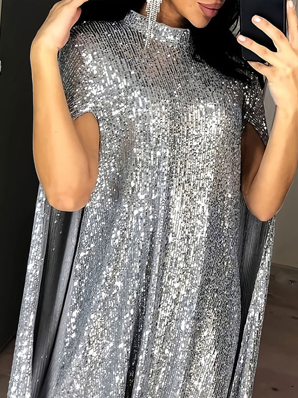 Olivia Bennet | Cape Long Sleeves Sequined Shiny Split-Joint Mock Neck Mini Dresses
