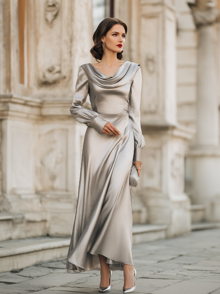 Olivia Bennet | Black Draped Cowl Neck Satin Evening Gown