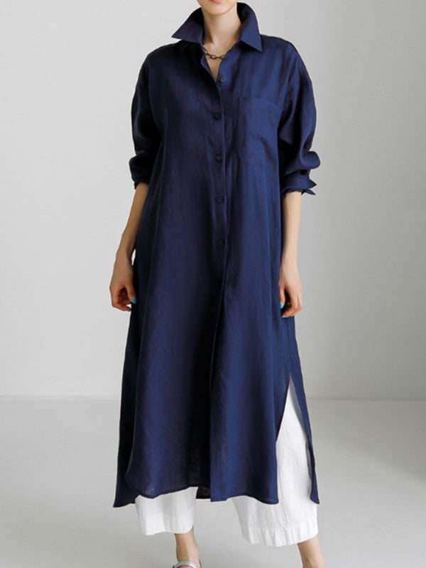 Olivia Bennet | Simple Long Sleeves Split-Side Solid Color Lapel Midi Dresses Shirt Dress