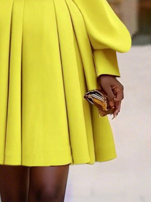 Olivia Bennet | A-Line Long Sleeves Pleated Solid Color V-Neck Mini Dresses