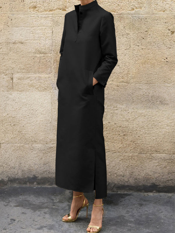 Olivia Bennet | Long Sleeves Loose Solid Color Split-Side Stand Collar Midi Dresses