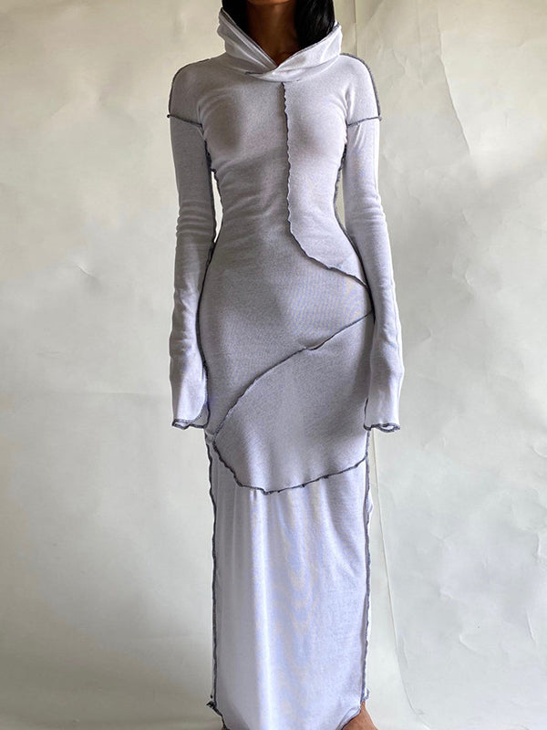 Olivia Bennet | Long Sleeves Plus Size Solid Color Split-Joint Hooded Maxi Dresses