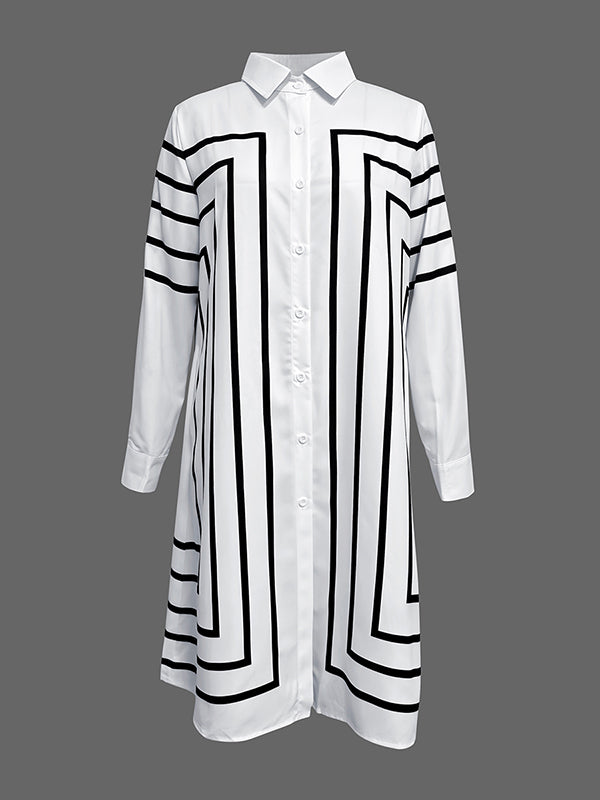 Olivia Bennet | Half Sleeves Loose Buttoned Striped Lapel Midi Dresses Shirt Dress